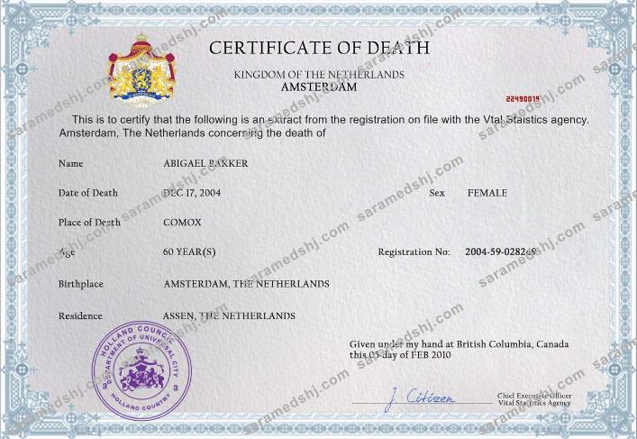 Netherlands death certificate PSD template